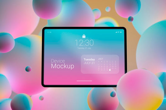 Free Mock-Up Tablet Composition With Liquid Dynamic Elements Psd