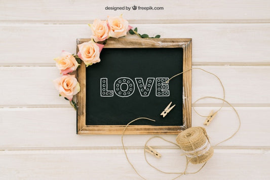 Free Mock Up With Blackboard And Wedding Ornaments Psd