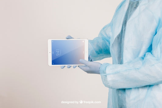 Free Mock Up With Surgeon'S Hands Holding A Tablet Psd