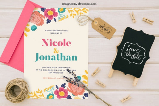 Free Mock Up With Wedding Invitation Badge And Ornaments Psd