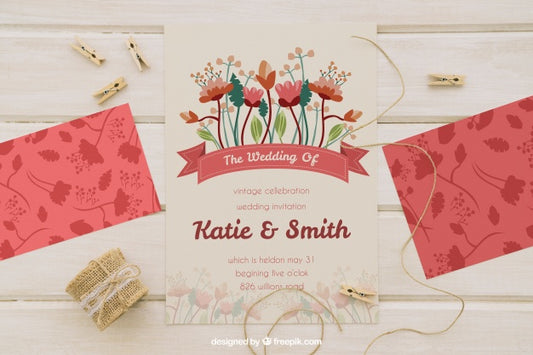 Free Mock Up With Wedding Invitation, Cord And Clothespins Psd