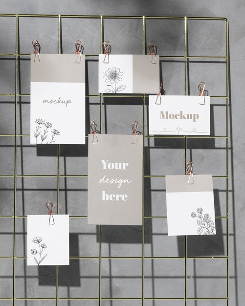 Free Mockup Cards Hanging On Grid Wire Board Psd