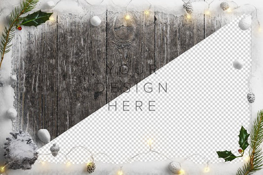 Free Mockup Cold Winter Nature Scene With Snow, Fairy Lights, Holly And Pinecones Psd