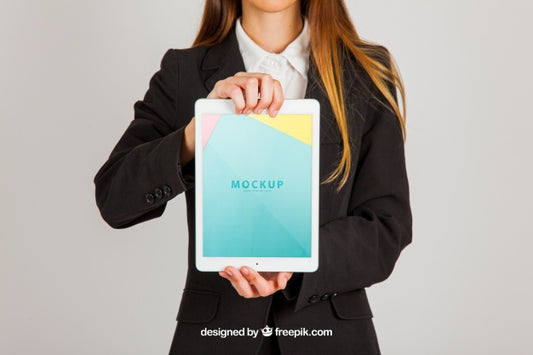 Free Mockup Concept Of Business Woman Holding Tablet Vertical Psd