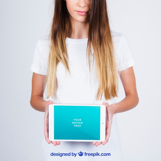 Free Mockup Concept Of Woman Showing Tablet Psd
