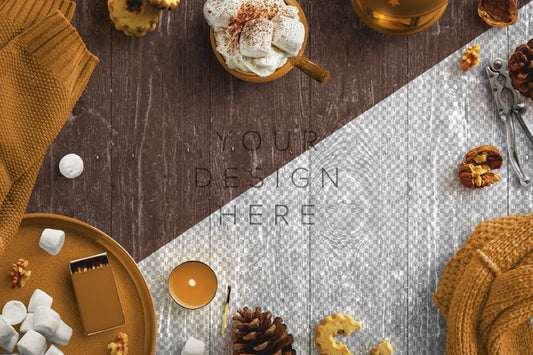 Free Mockup Cozy Winter Scene With Candles, Hot Drink, Marshmallows, Nuts And Woollen Clothes Psd
