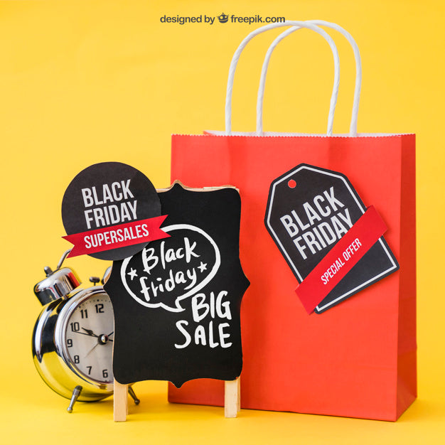 Free Mockup For Black Friday With Alarm And Bag Psd