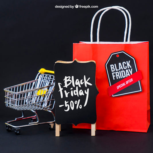 Free Mockup For Black Friday With Bag And Cart Psd