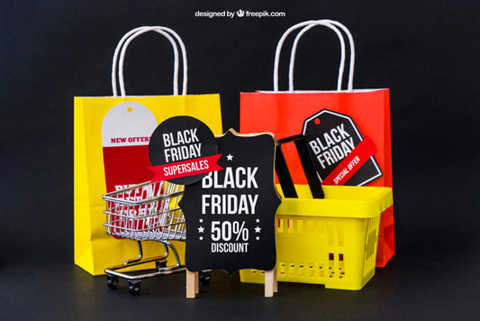 Free Mockup For Black Friday With Bags And Basket Psd
