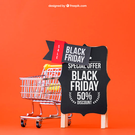 Free Mockup For Black Friday With Cart Next To Board Psd