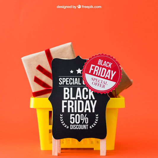 Free Mockup For Black Friday With Presents In Basket Psd