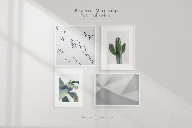 Free Mockup Four Empty Photo Frame Mockup In Empty White Wall Room Psd