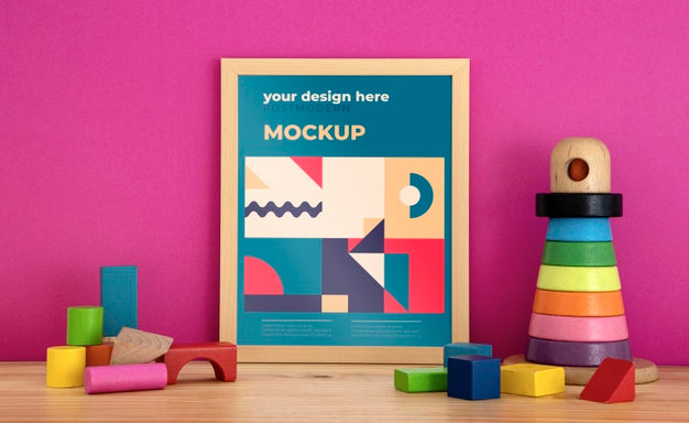 Free Mockup Frame On Desk With Toys Blocks Psd