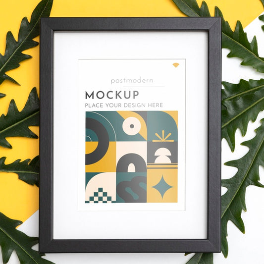 Free Mockup Frame On Wall With Leaves Psd