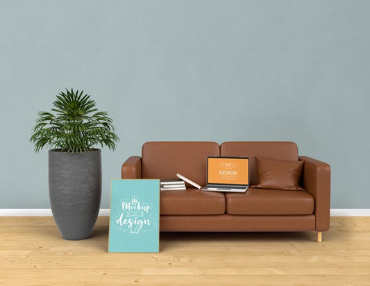 Free Mockup Laptop And Poster Frame With Home Decorating In The Living Room Modern Interior. Psd