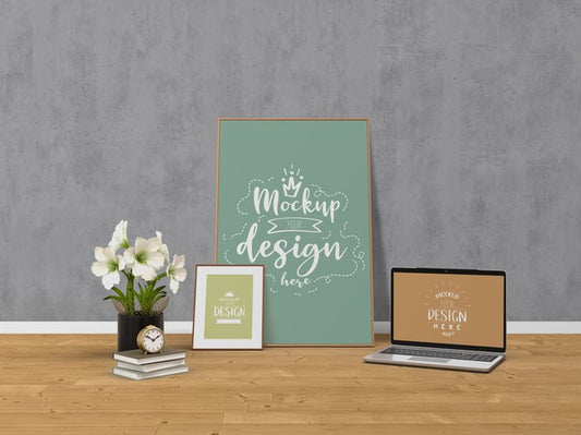 Free Mockup Laptop And Poster Frame With Home Decorating In The Living Room Modern Interior. Psd