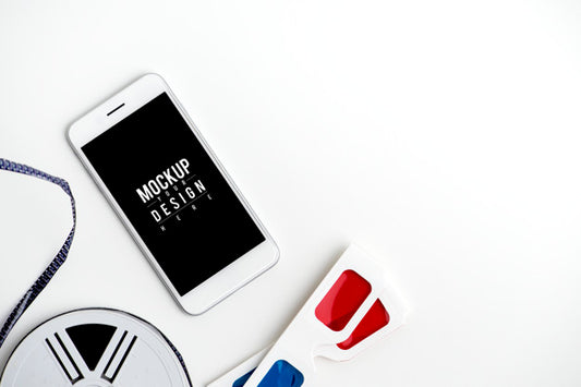 Free Mockup Of A Mobile Phone With Reel And 3D Glasses Psd