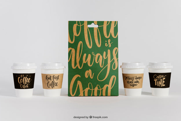 Free Mockup Of Bag And Four Coffee Cups Psd