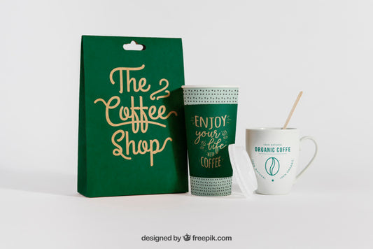 Free Mockup Of Coffee Bag And Two Cups Psd