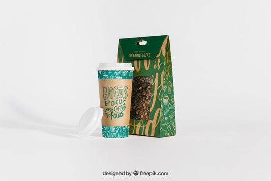 Free Mockup Of Coffee Cup And Bag Psd