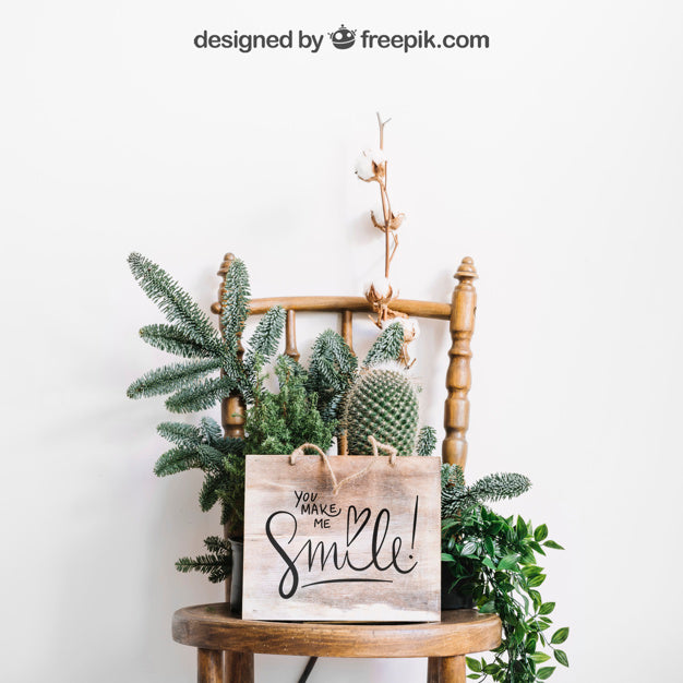 Free Mockup Of Frame On Chair With Flowers And Cactus Psd