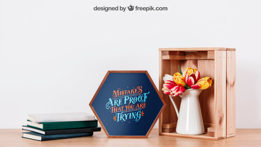 Free Mockup Of Frame On Desk With Books And Plant Psd