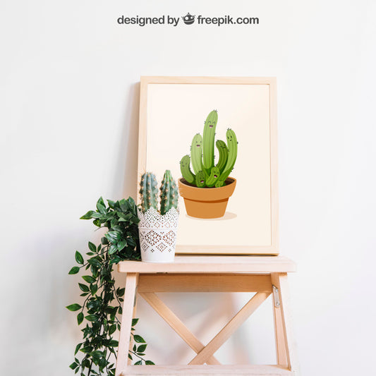 Free Mockup Of Frame With Cactus Psd