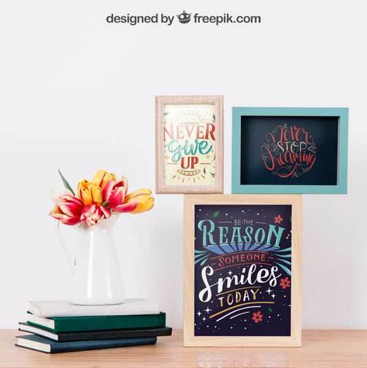 Free Mockup Of Frames On Wall And Books Psd