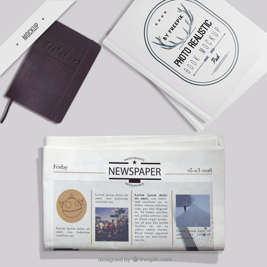 Free Mockup Of Newspaper With Notebook And Photo Book Psd