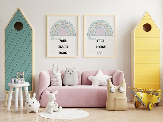 Free Mockup Posters In Child Room Interior, Posters On Empty White Wall, 3D Rendering Psd