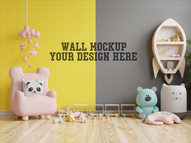 Free Mockup Wall In The Children'S Room On Yellow Illuminating And Ultimate Gray Wall Psd
