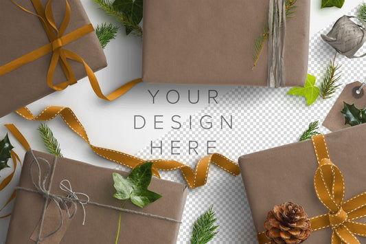 Free Mockup Winter Gift Scene With Parcels, Ribbons, Ivy And Holly Psd