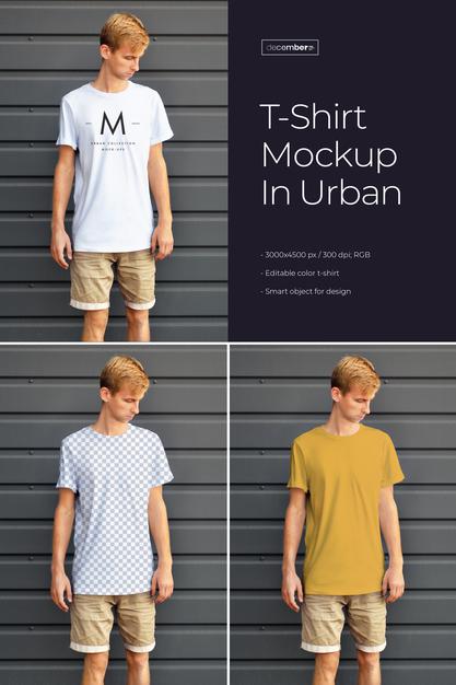 Free Mockups T-Shirt Design On A Young Man. Urban Style Psd