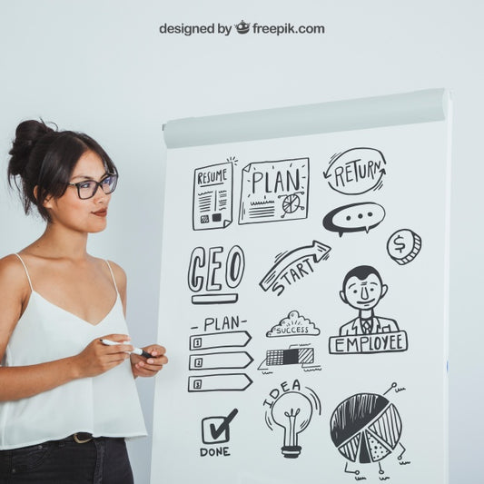 Free Modern Woman With Mock Up Design Of Whiteboard Psd