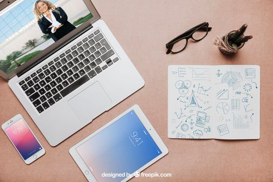 Free Modern Workspace Mockup With Laptop And Tablet Psd