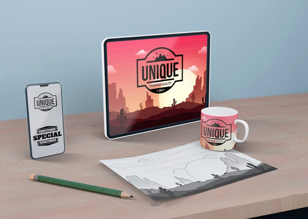 Free Monitor And Sheet Sketch On Desk Mock-Up Psd