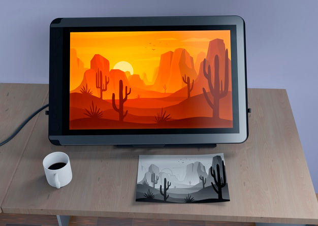 Free Monitor With Nature Landscape And Sketch Psd