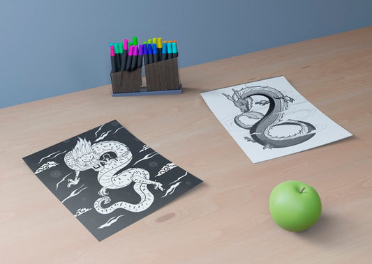 Free Monochrome Snake Sketch And Apple Beside Psd