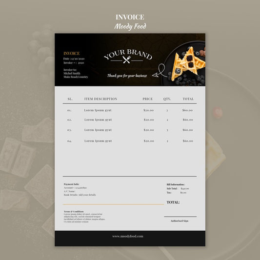 Free Moody Food Restaurant Invoice Concept Mock-Up Psd