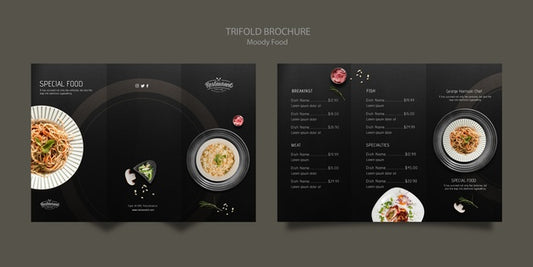 Free Moody Food Restaurant Trifold Brochure Concept Mock-Up Psd