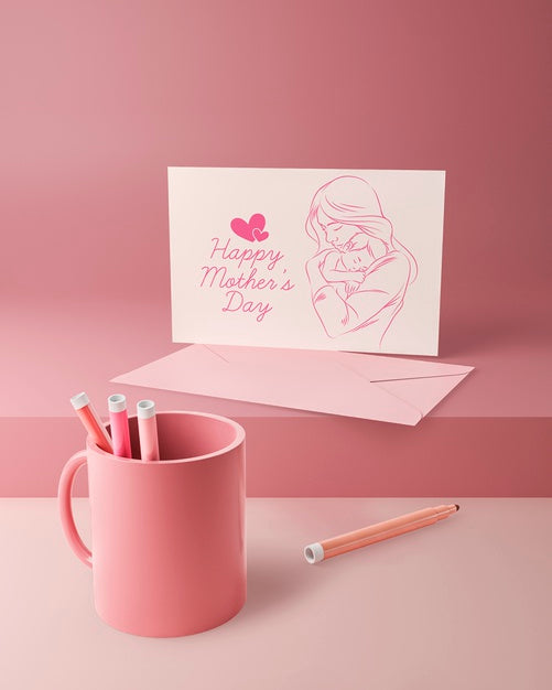 Free Mother'S Day Love Card And Mug With Markers Psd