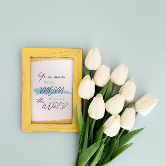 Free Mother'S Day Mockup Frame With Tulips Psd