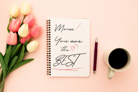 Free Mother'S Day Mockup Notebook With Tulips Psd