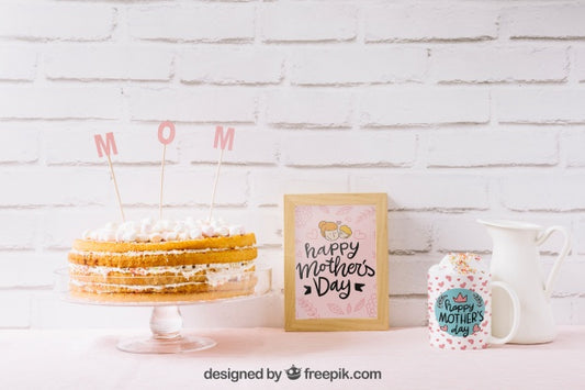 Free Mothers Day Mockup With Cake And Frame Psd