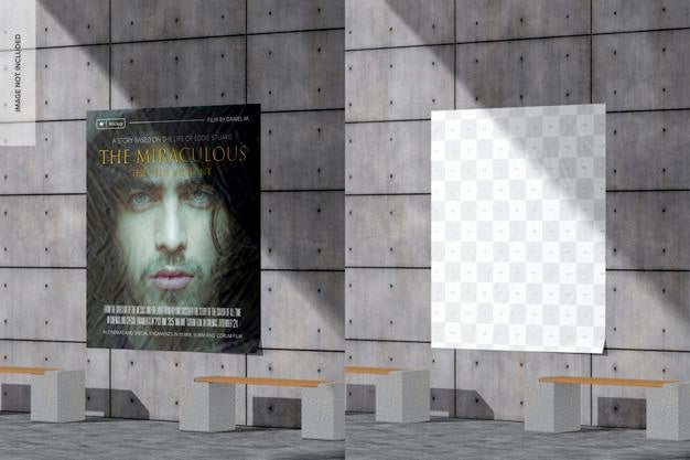 Free Movie Poster On Exterior Wall Mockup, Right View Psd