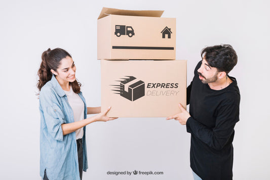 Free Moving Concept Mockup With Young Couple Psd