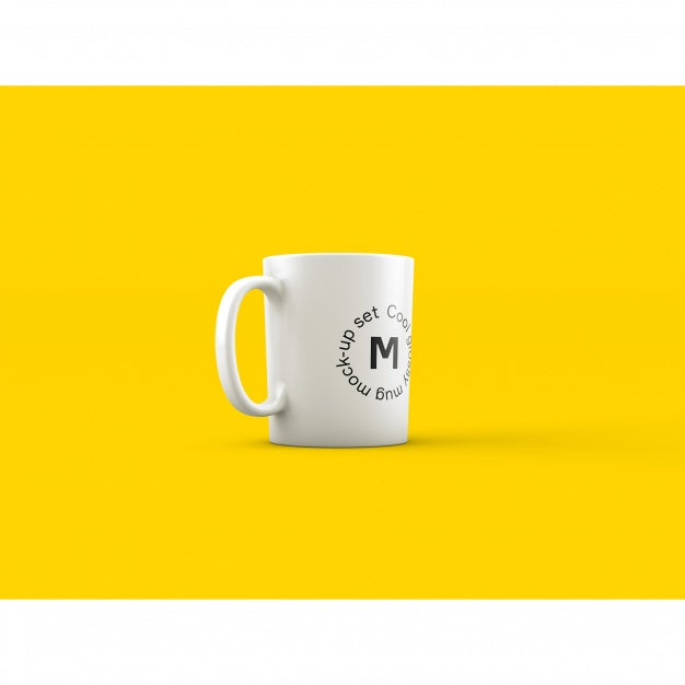 Free White Coffee Mug on Yellow Background PSD Mockup