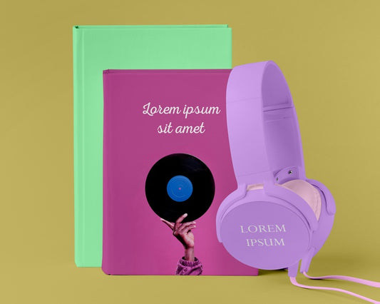Free Music Book Cover Mock-Up Arrangement With Headphones Psd
