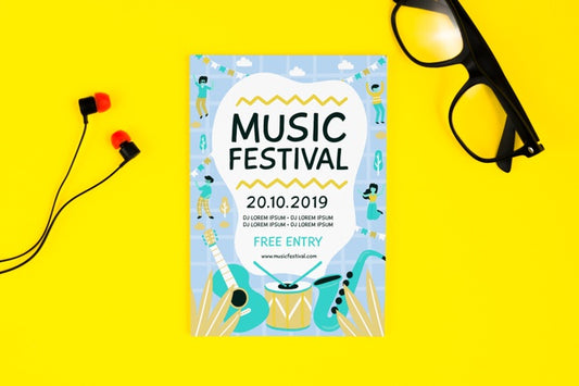 Free Music Festival Flyer With Glasses And Headphones Beside Psd