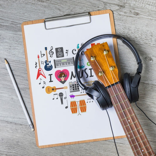 Free Music Mockup With Guitar On Clipboard Psd